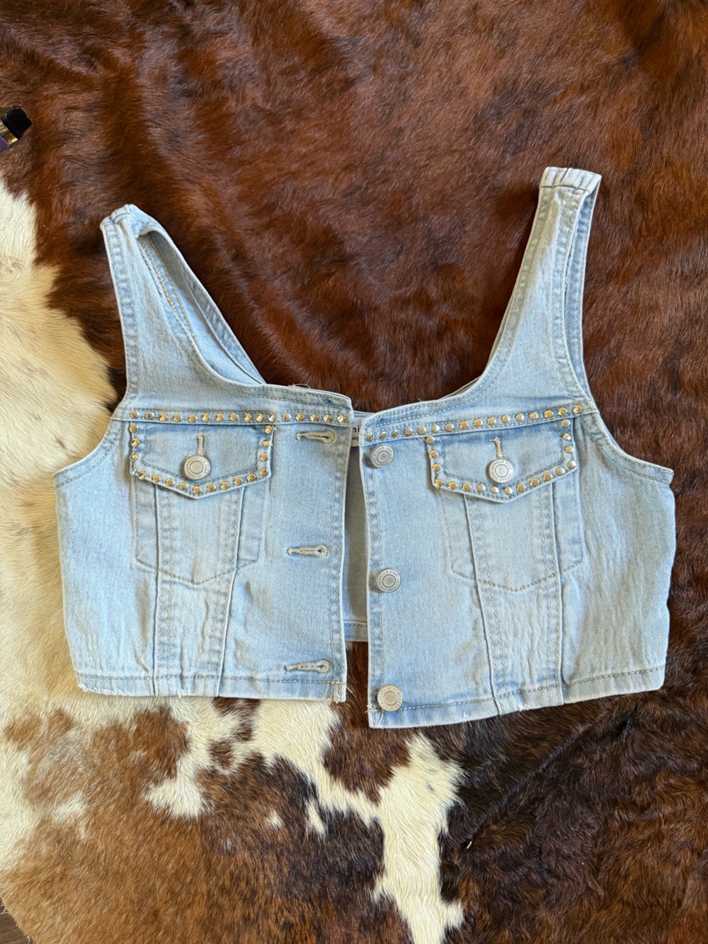 Vanilla Star Light Blue Studded Denim Crop Vest
